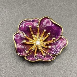 Vintage Monet Rhinestone Enamel Purple Flower Brooch Gold Tone 3D Pin